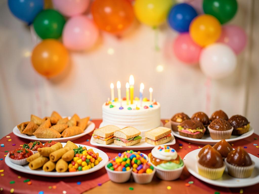 Indian birthday party table with cake, samosas, sandwiches and cupcakes and balloons in the background