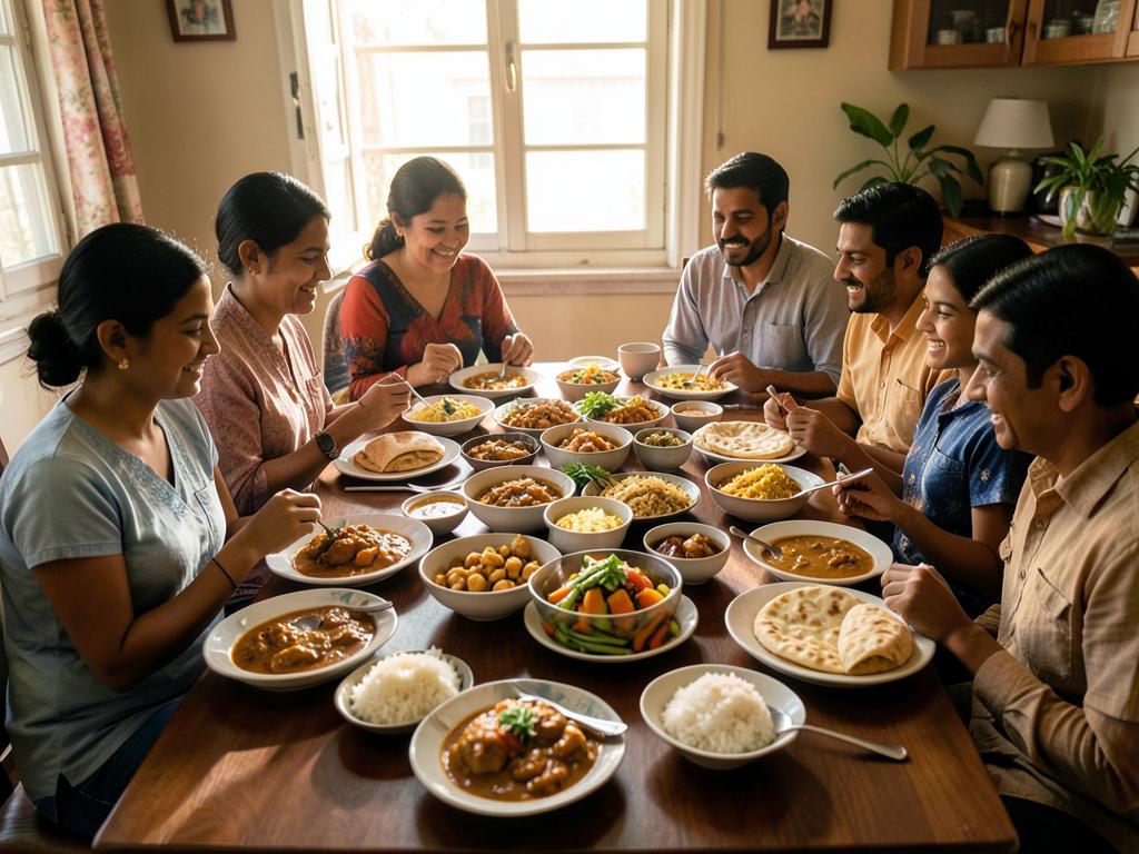 Indian family sharing a home-cooked lunch around a table full of curries, rotis and rice