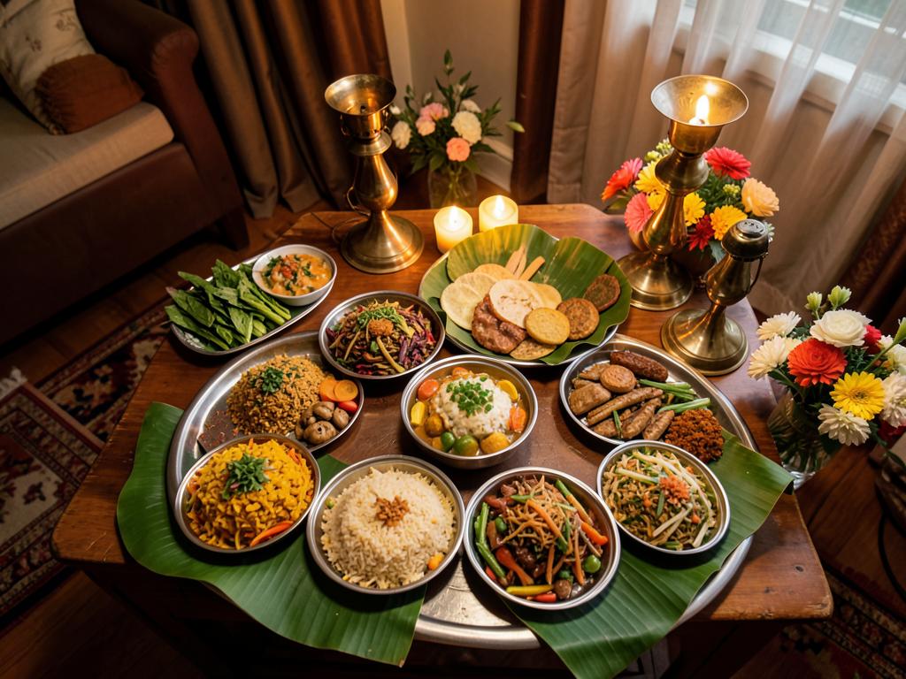 Satvik house warming meal with steel plates, banana leaf and brass lamps in a warm home interior
