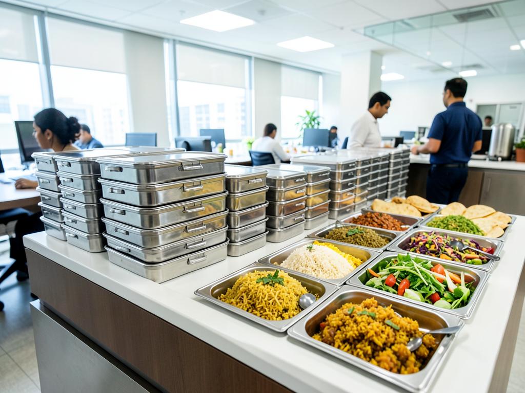 Office pantry with stacked steel tiffin boxes and buffet trays of biryani, curries and salads