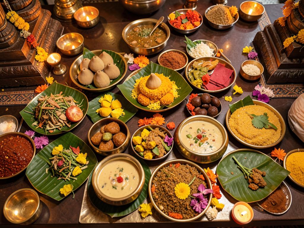 Pooja prasadam with modak, payasam and pongal on banana leaves and brass bowls with diya lamps