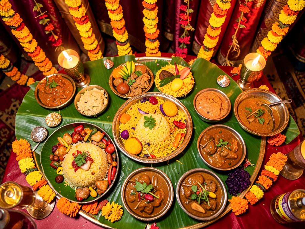 Indian wedding feast with biryanis, curries and sweets on banana leaves surrounded by marigold garlands
