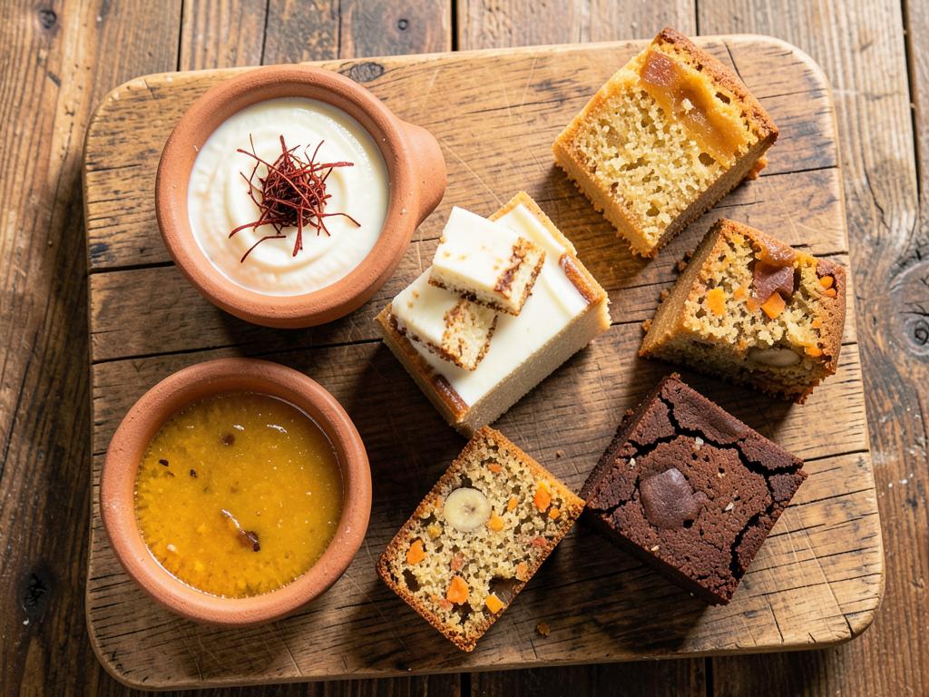 Homemade shrikhand, milk cake, honey cake, carrot cake and brownies on a wooden board