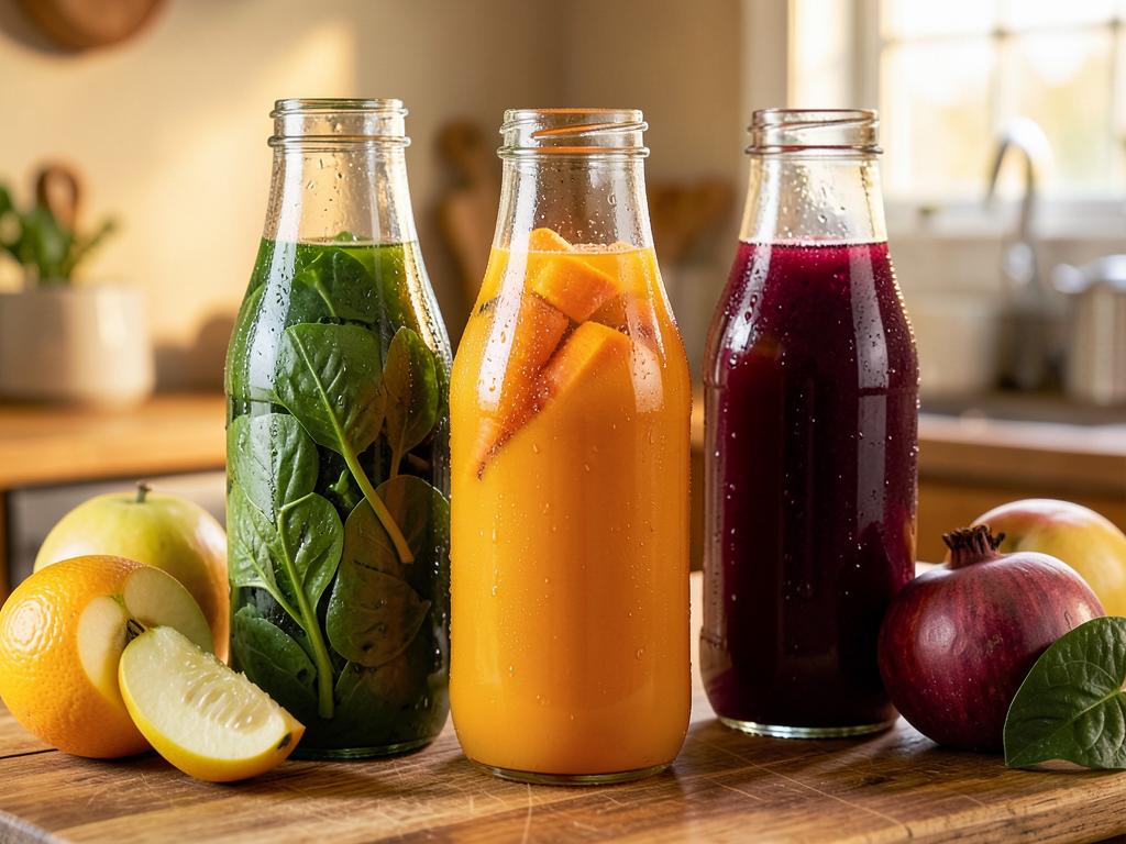 Cold pressed green, orange and pomegranate juices in glass bottles
