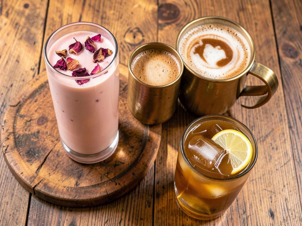 Homemade rose milk, badam milk, cold coffee and iced tea in glasses on a wooden tray