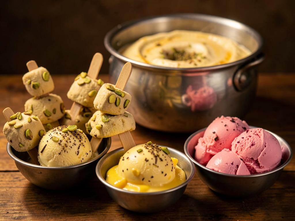 Homemade kulfi on sticks and scoops of mango and rose ice cream in steel bowls