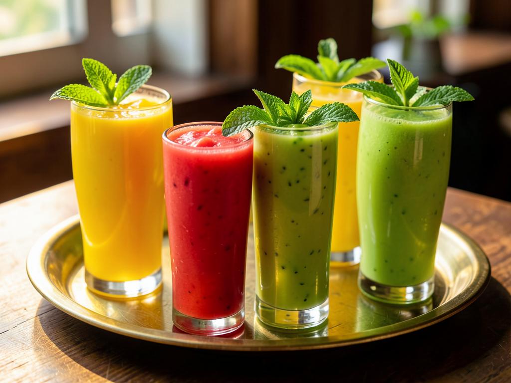 Fresh mango, watermelon and mosambi juices in tall glasses on a brass tray
