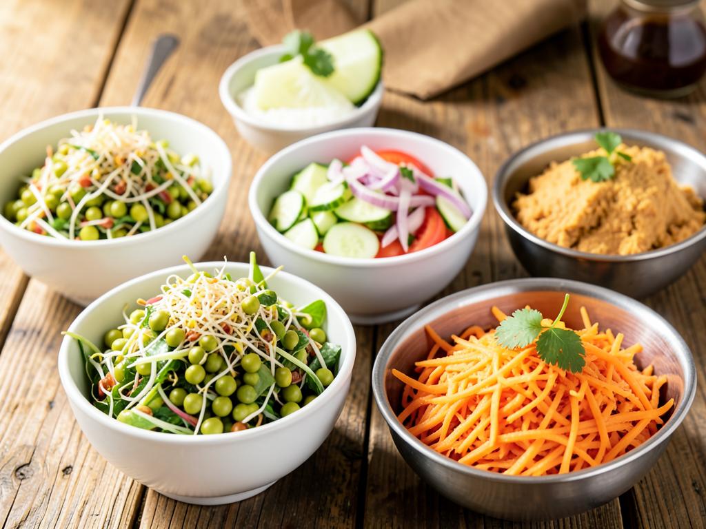 Fresh Indian salads with sprouts, kachumber and grated carrot in bowls