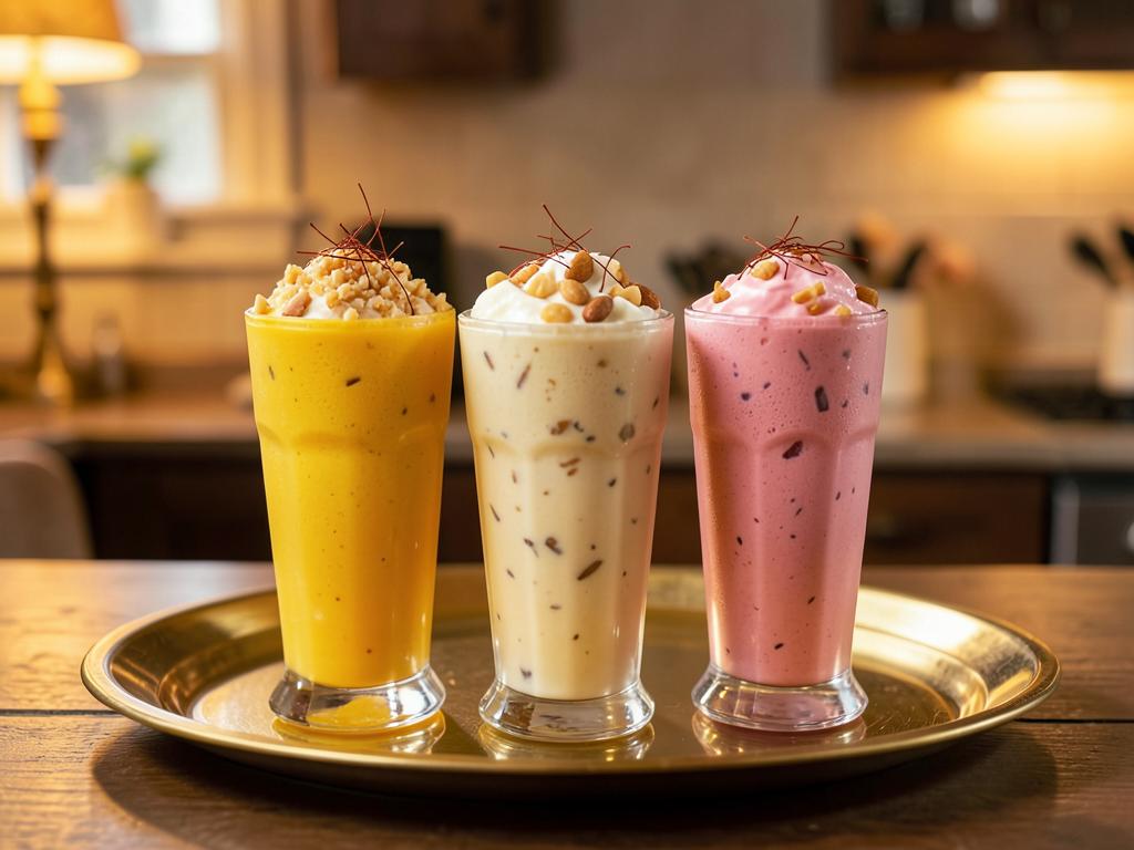 Mango, badam and rose milkshakes topped with nuts and saffron
