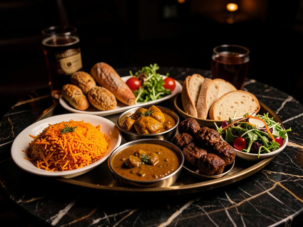 Premium gourmet Indian thali with saffron rice, kebabs, curries and breads on a marble table