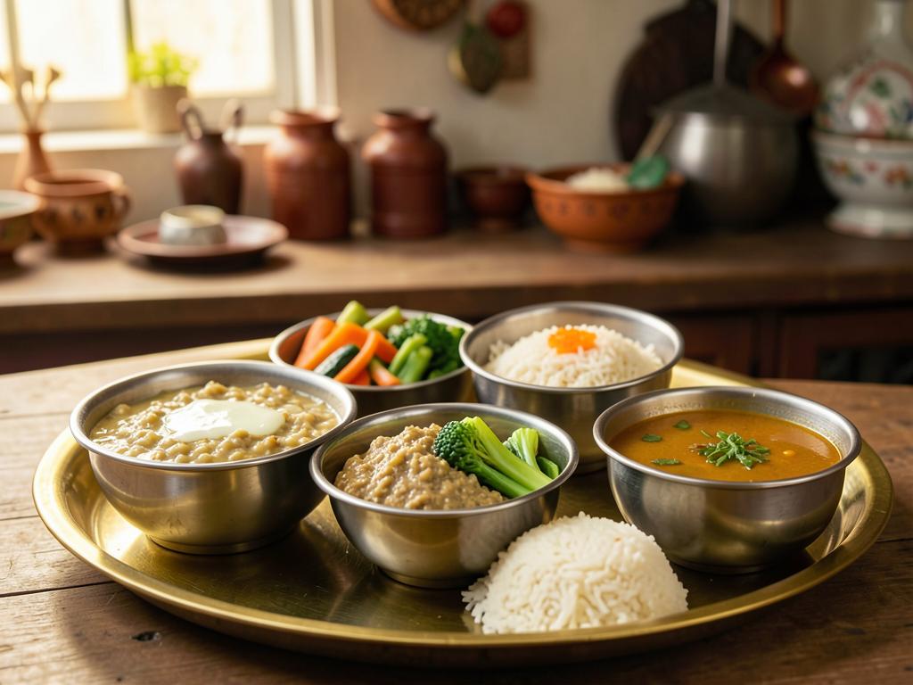Gentle senior-friendly Indian meal with khichdi, dal, steamed vegetables and curd rice on a brass tray