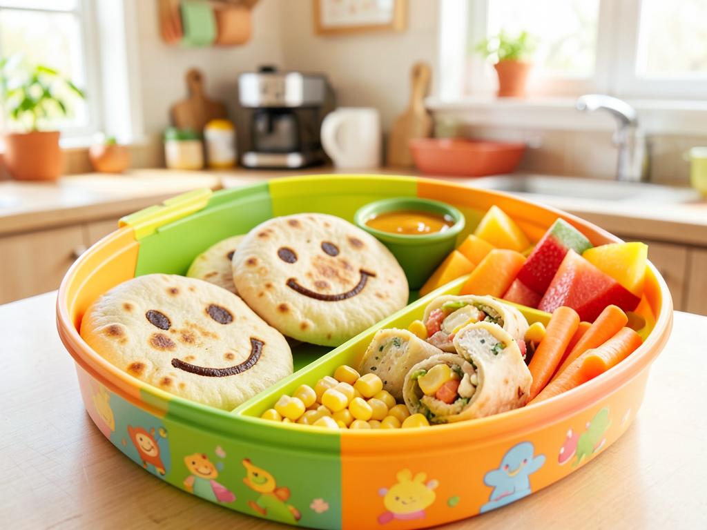 Colorful kids tiffin box with smiley parathas, paneer rolls, corn, carrots and fruit