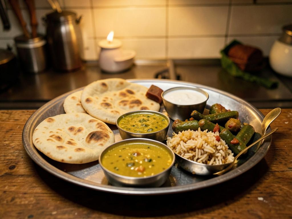 Homestyle Indian thali with rotis, dal, rice, sabzi and curd on a steel plate