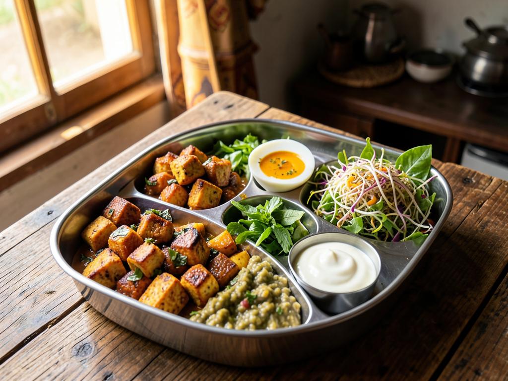 High-protein Indian tiffin with paneer tikka, sprouts, egg and curd in a steel plate