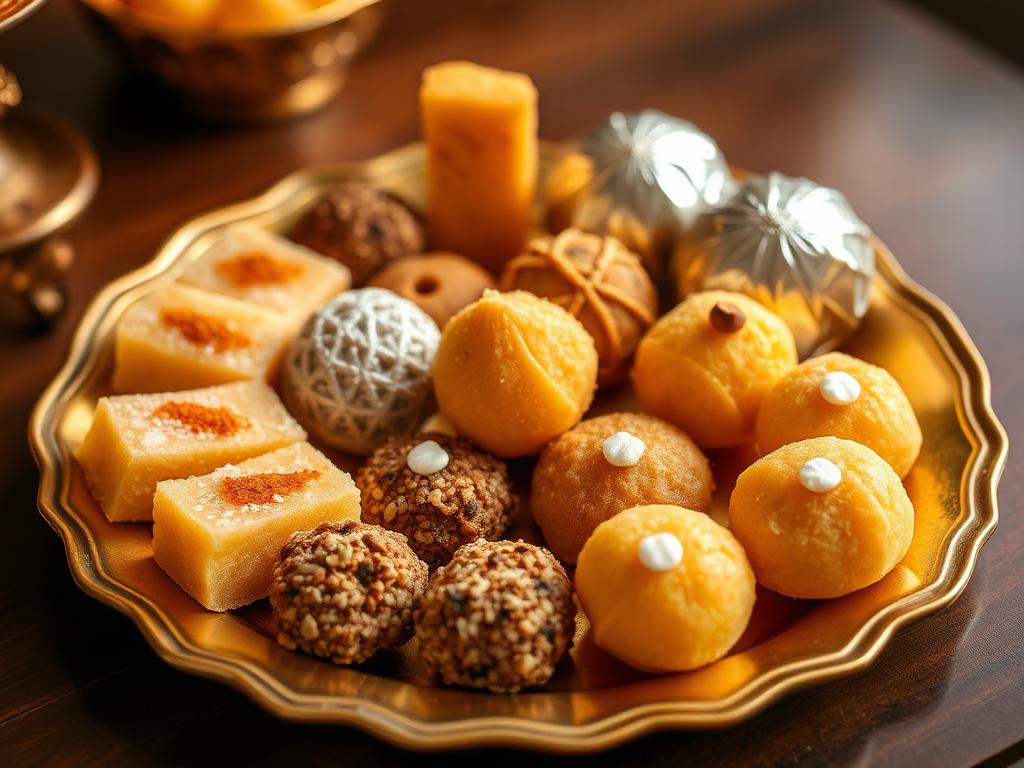 Traditional homemade Indian sweets and laddus arranged on a plate